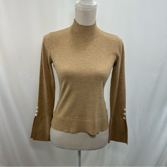 CeCe Women's Imitation Pearl Trim Split Sleeve Mock Neck Sweater Size Small Tan - Picture 2 of 9